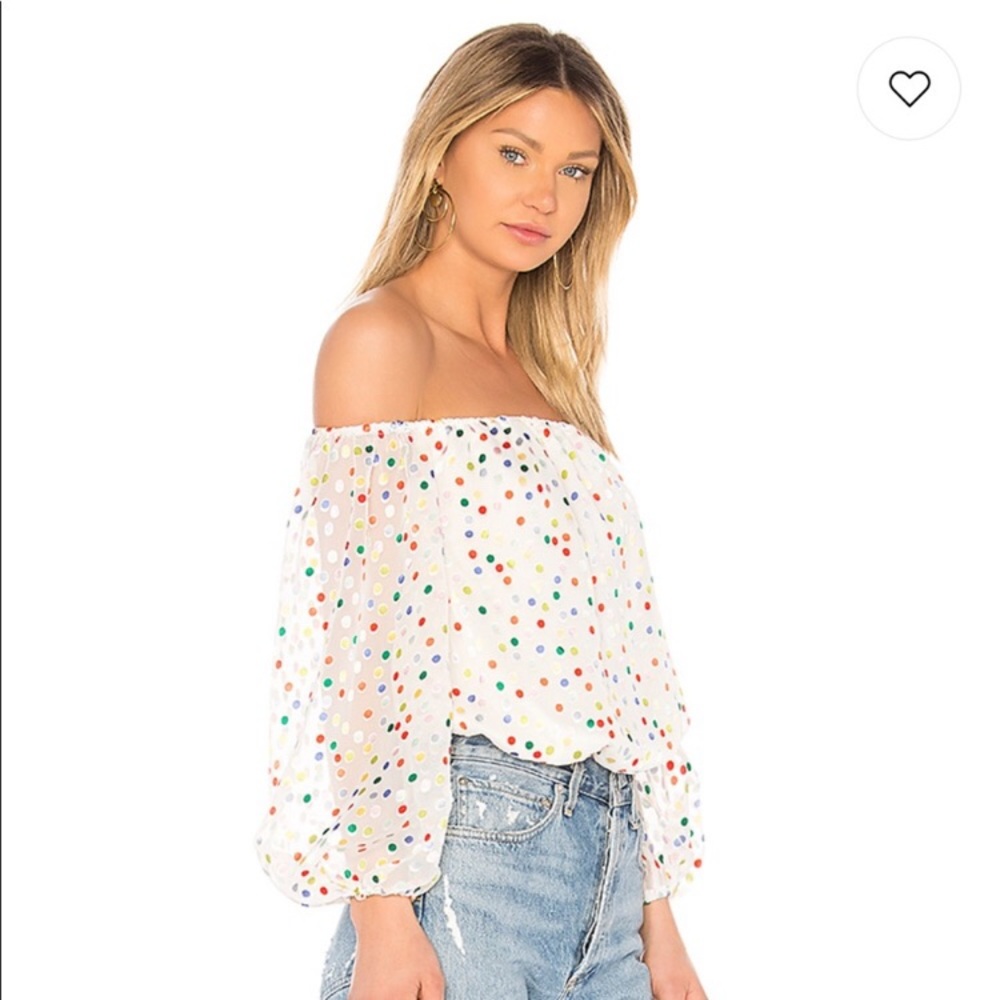 Lovers + Friends "Oh Girl" Off the Shoulder Rainbow Polka Dot Blouse Top- Medium